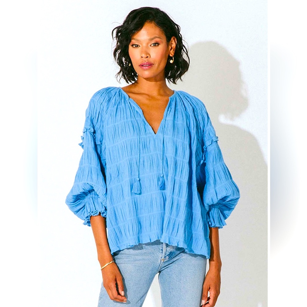 Cleobella Sky Blue Crinkled Peasant Blouse